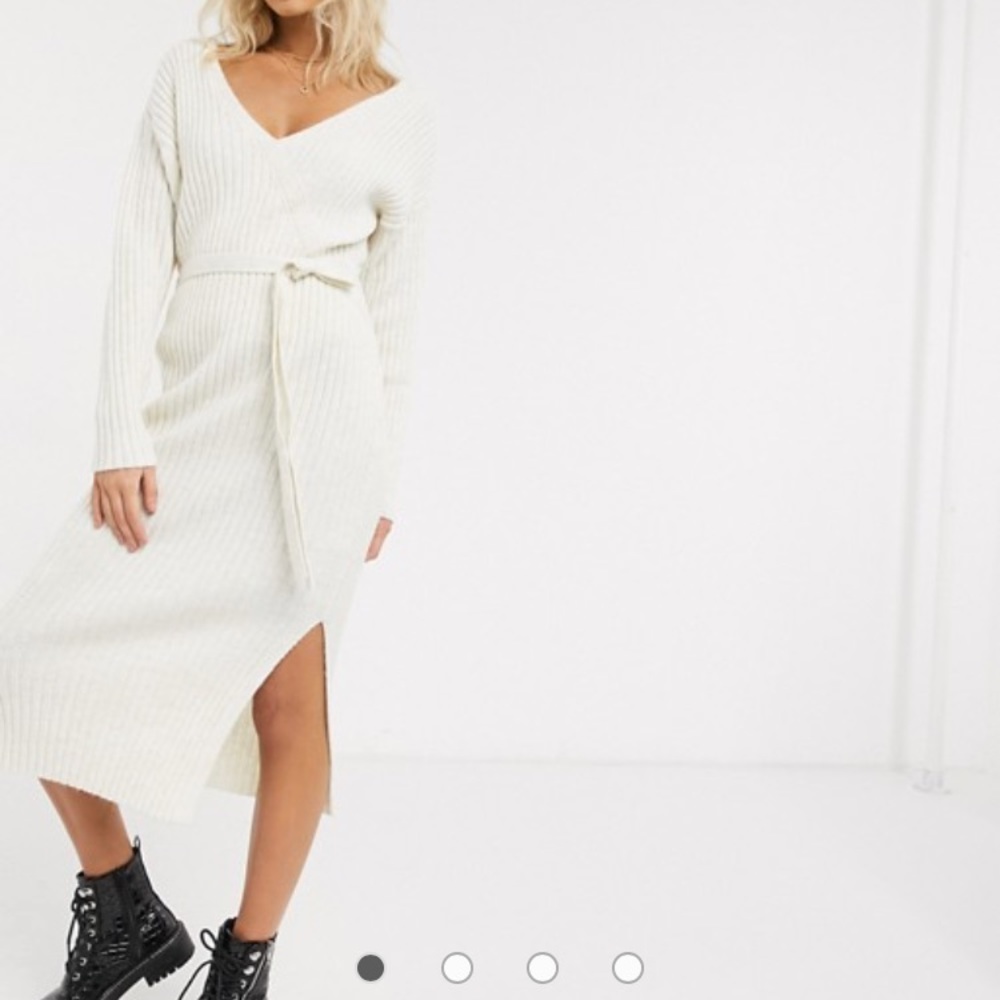 Ivory Knitted Wrap Midi Dress